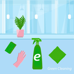 Green ecological cleaning in a room with a large window - vector. Eco natural cleaning products. Zero waste lifestyle.