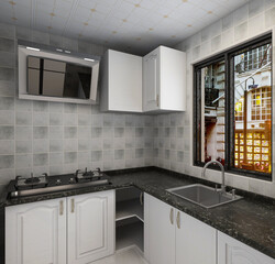 Spacious and beautiful kitchen, there are kitchenware, stove, refrigerator and other equipment