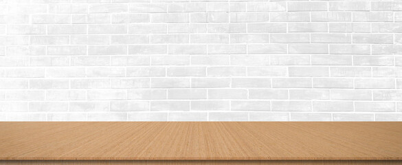 modern white brick wall texture with perspective wood tabletop for show,ads,design product on display concept