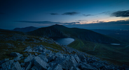 Panoramic view of Elidir Fawr and Marchlyn Mawr after sunset in Snowdonia National Park