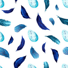 Watercolor Hand Drawn Clip Art Seamless Pattern Print Abstract Bird Blue Feather Egg Boho Isolated Elements White Background