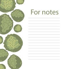 Cookbook page vector template. A place to write recipes. Vector illustration. Cabbage theme
