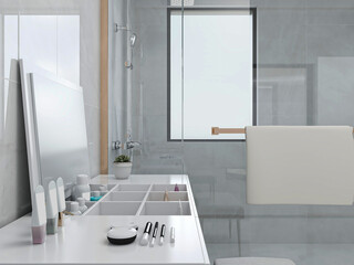 The bathroom is clean and tidy with bath room, dressing table, etc