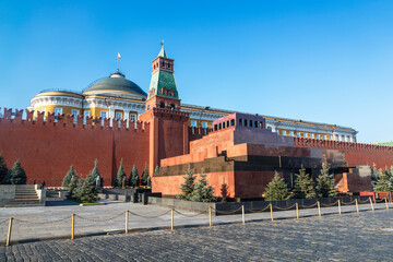 Red square with the Kremlin wall, the Senate tower and the mausoleum. Moscow, Russia