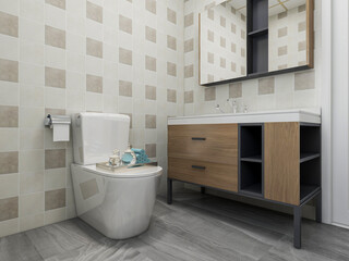 Clean and tidy bathroom, there are washstand, shower, toilet, bathtub and so on