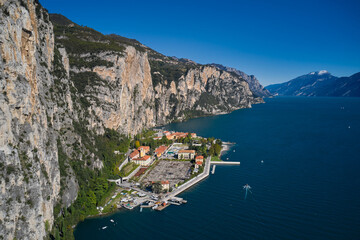 Panoramic view of the old town of Campione. Italian resort on Lake Garda. Aerial view at high...