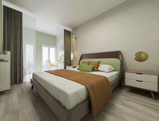 Fototapeta na wymiar Modern design of the bedroom, there are large bed, dressing table and other facilities