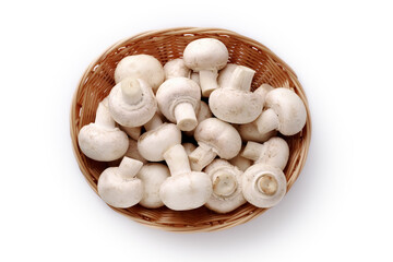Fresh champignon mushrooms on white, isolated, closeup. Space for text