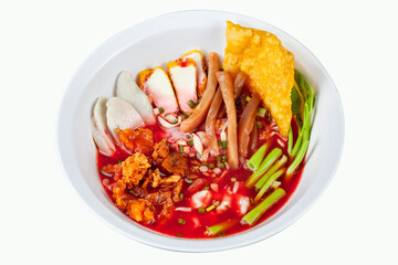 Yentafo Noodles, delicious taste, Tom Yum style, Thai food, Street food.