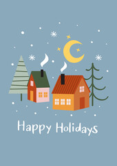 Obraz na płótnie Canvas Greeting card with houses and Christmas trees