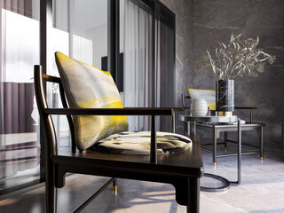 The sunny balcony has tables, chairs, green plants and so on. The sunlight comes in, which is very leisurely and comfortable