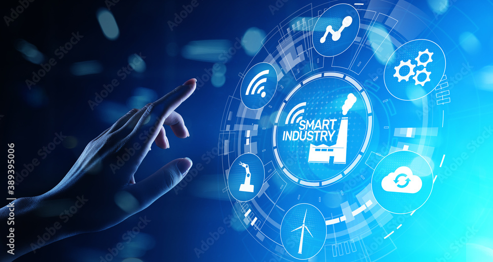Poster smart industry 4.0, automation and optimisation concept on virtual. business and modern technology c