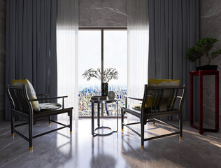 The sunny balcony has tables, chairs, green plants and so on. The sunlight comes in, which is very leisurely and comfortable