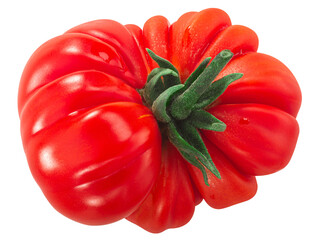 Heirloom ribbed tomato (Solanum lycopersicum fruit), top view,  isolated