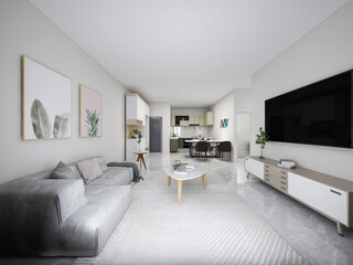 There are cloth sofa and table in the clean living room