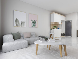 There are cloth sofa and table in the clean living room