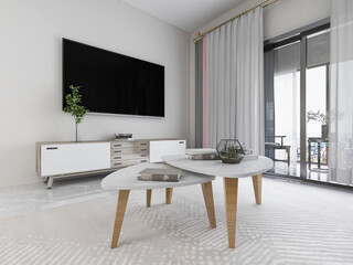 There are cloth sofa and table in the clean living room