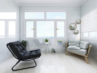 The sunny balcony has tables, chairs, green plants and so on. The sunlight comes in, which is very leisurely and comfortable