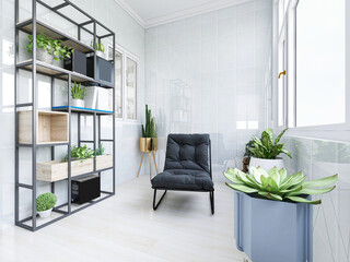 The sunny balcony has tables, chairs, green plants and so on. The sunlight comes in, which is very leisurely and comfortable