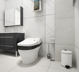 Clean and tidy bathroom, there are washstand, shower, toilet, bathtub and so on