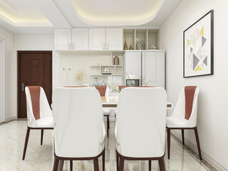 Clean and tidy dining room has wooden table and chair, very neat and clean