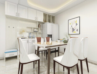 Clean and tidy dining room has wooden table and chair, very neat and clean