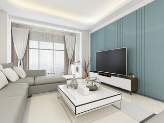 There are cloth sofa and table in the clean living room