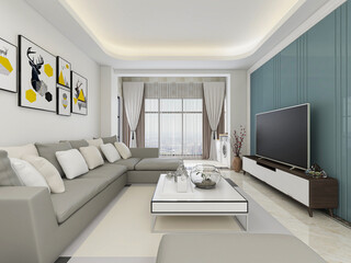 There are cloth sofa and table in the clean living room