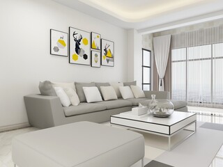 There are cloth sofa and table in the clean living room