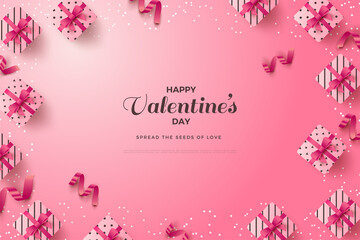 Fototapeta na wymiar Valentine's Day background with writing around gift boxes and pink ribbons.
