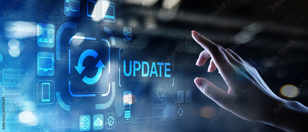 Poster update system upgrade software version technology concept on virtual screen.