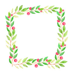 Watercolor Christmas wreath with fir branches and gold elements, cones and lollipops, Christmas decor, flowers, perfect for postcards, posters, stickers, covers.