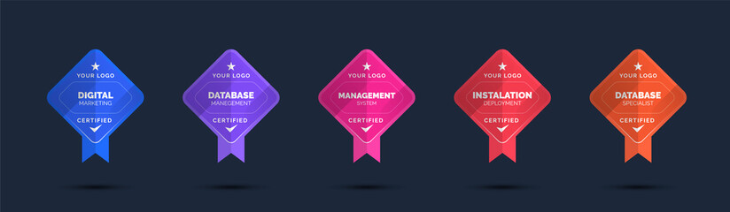 Set of company training badge certificates to determine based on criteria. Standard verified modern colorful vector illustration. - obrazy, fototapety, plakaty