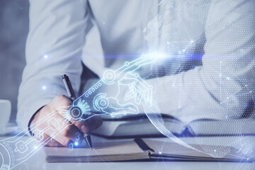 Fototapeta premium Close up of human hands and abstract innovative technologies for industries. Double exposure.