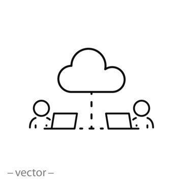 Remote Work Icon, Communication Global Cloud Access, Collaboration Anywhere, Employee Distant Teamwork, Thin Line Symbol On White Background - Editable Stroke Vector Illustration