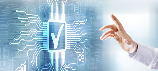 Quality control assurance standard iso business technology industrial concept. Businessman pressing...