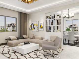 There are cloth sofa and table in the clean living room