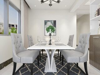 Clean and tidy dining room has wooden table and chair, very neat and clean