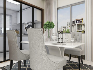 Clean and tidy dining room has wooden table and chair, very neat and clean