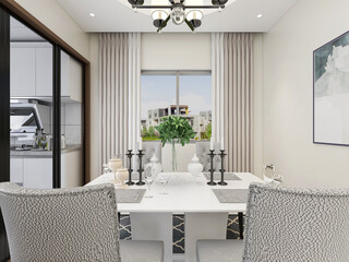Clean and tidy dining room has wooden table and chair, very neat and clean