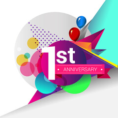 1st Years Anniversary logo with colorful geometric background, vector design template elements for your birthday celebration.