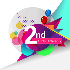 2nd Years Anniversary logo with colorful geometric background, vector design template elements for your birthday celebration.