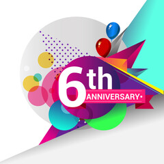 6th Years Anniversary logo with colorful geometric background, vector design template elements for your birthday celebration. - obrazy, fototapety, plakaty