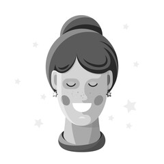 Young smiling woman vector portrait. Cartoon vector clip art of a beautiful female face with freckles. Black and white illustration of an avatar image of cute smiling girl with a stylish hairstyle