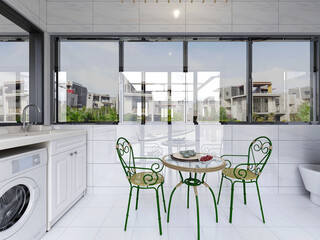 The sunny balcony has tables, chairs, green plants and so on. The sunlight comes in, which is very leisurely and comfortable