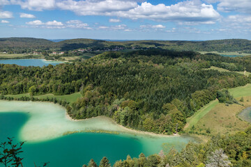 Top view of the 4 lakes of the Frasnois village, Jura