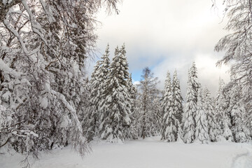Winter landscape. Taganay national Park, Zlatoust city, Chelyabinsk region, South Ural, Russia.