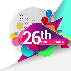 26th Years Anniversary logo with colorful geometric background, vector design template elements for your birthday celebration.