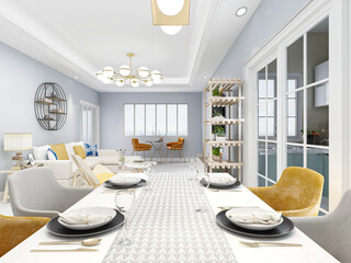Clean and tidy dining room has wooden table and chair, very neat and clean