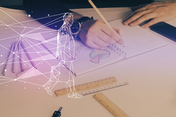 Creative start up concept hologram multi exposure with human hand background.